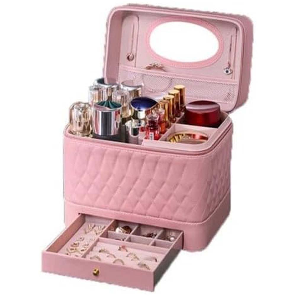 Leather Triple Makeup Case – Luxurious Multi-Layer Cosmetics Storage with Drawer, Portable Beauty Organizer for Travel and Home Use