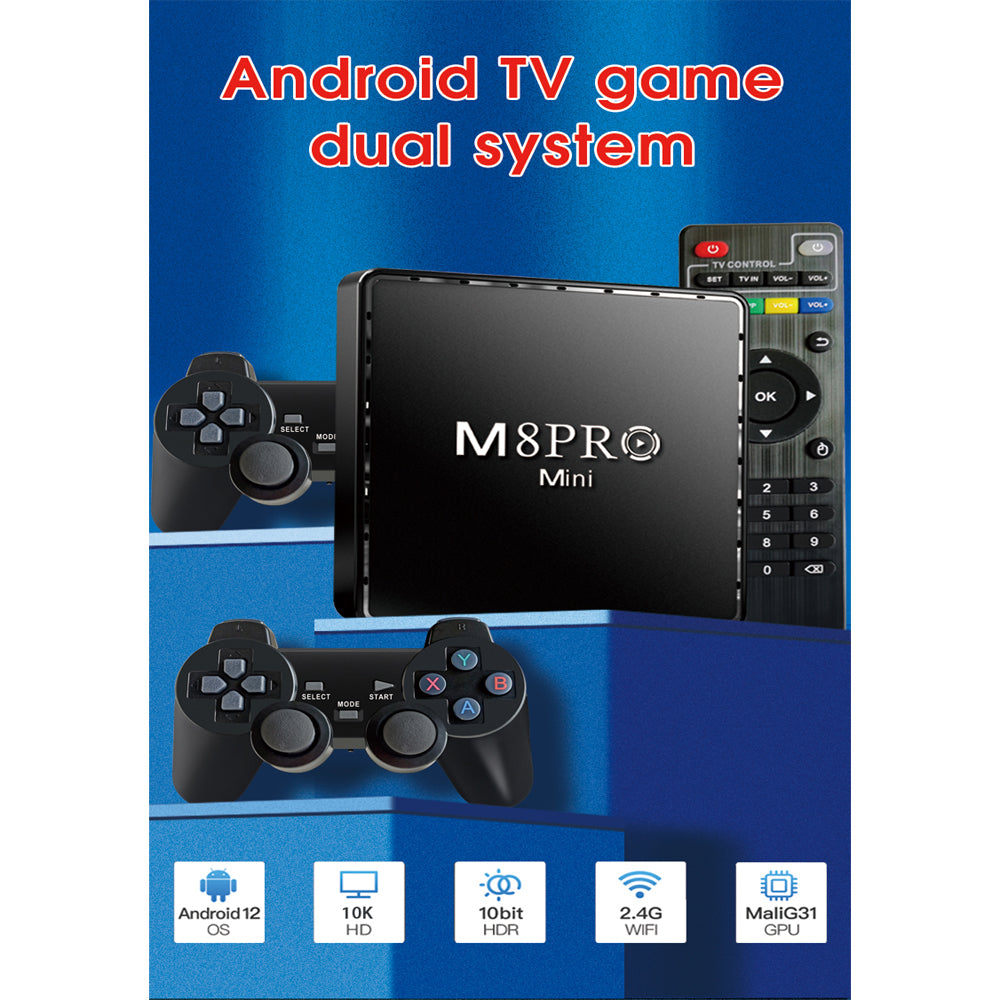 M8 Pro Mini Game TV Box – 64GB HD Retro Console & Android 12 Dual System with Wireless Gamepad