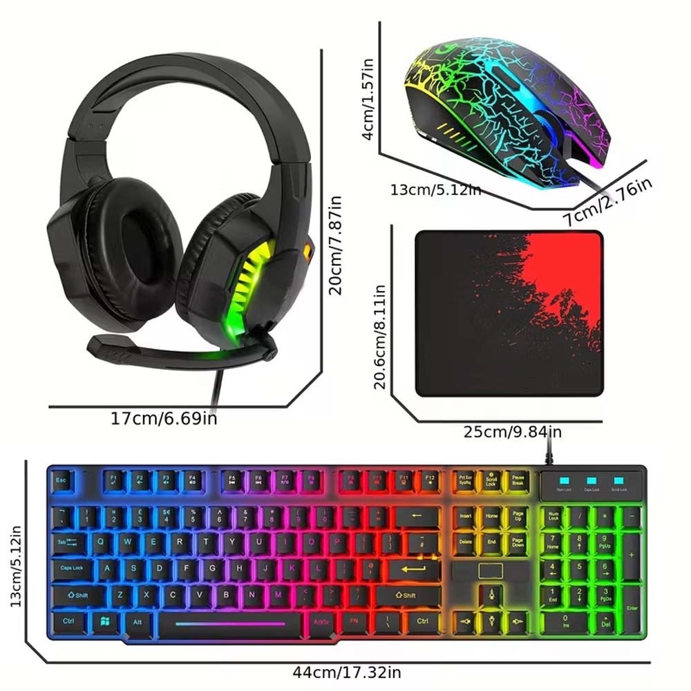 4-in-1 Gaming Combo: Wired Keyboard, Mouse, Headset & Mouse Pad. Rainbow LED backlit for PC, PS4, Xbox. Complete gaming setup.