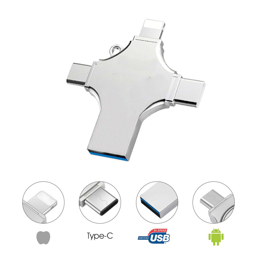 128GB 4-in-1 USB 3.0 Flash Drive | Fast USB A, USB C, Micro USB & iPhone Connector | Compatible with iPhone, Android, iPad, Mac, PC, Galaxy S, Windows