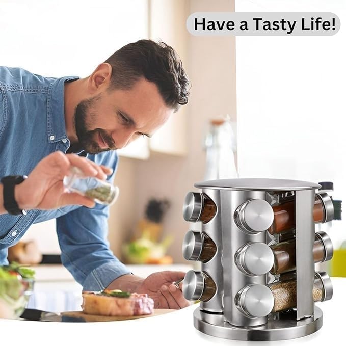 12-Piece Glass Spice Jar Set – Rotating Stainless Steel Spice Rack with 120ml Round Jars for Kitchen Organization