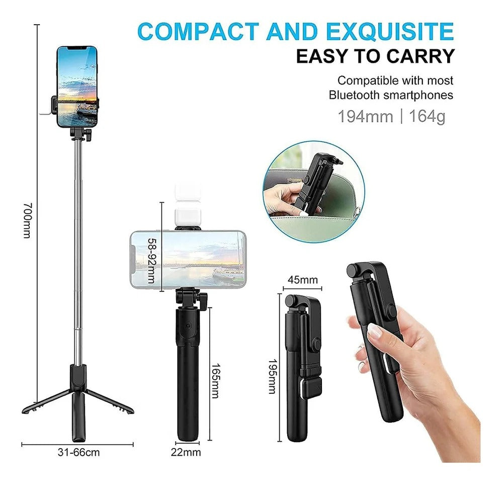 R1S Mobile Selfie Stick with Tripod & LED Light | 3-in-1 Extendable 70cm Selfie Stick for Phone & Camera | Bluetooth Remote & Adjustable Desktop Stand | Compatible with iPhone & Android