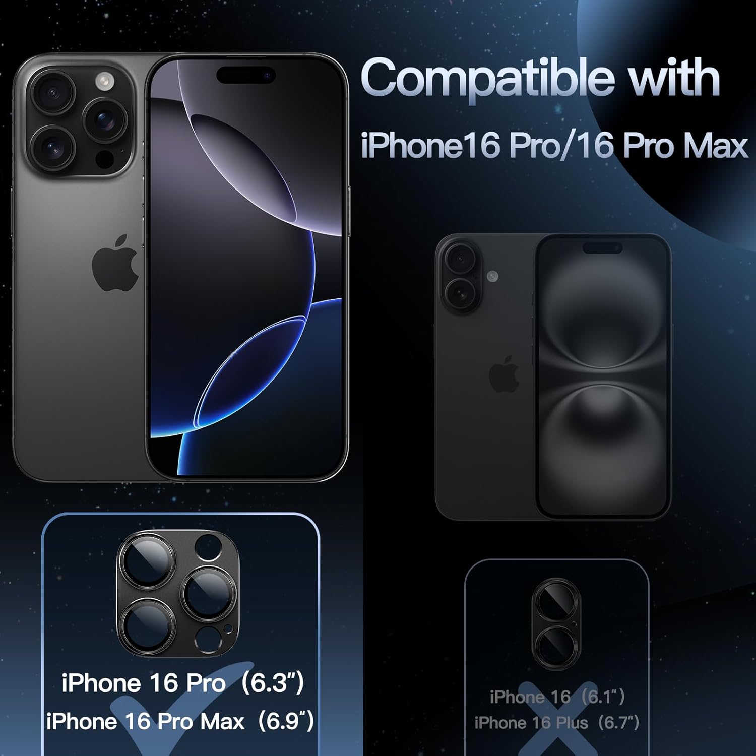 Camera Lens Protector for iPhone 16 Pro/Pro Max | 9H Tempered Glass with Matte Metal Plate