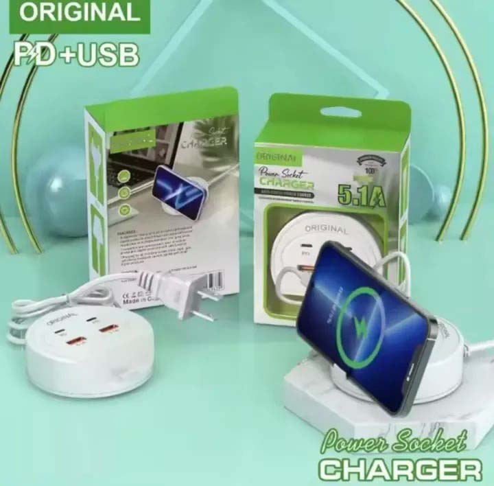 Quick Charge 5.1A Charger with Dual PD+USB Ports | Universal Multi-Port Charging Station with Mobile Phone Holder
