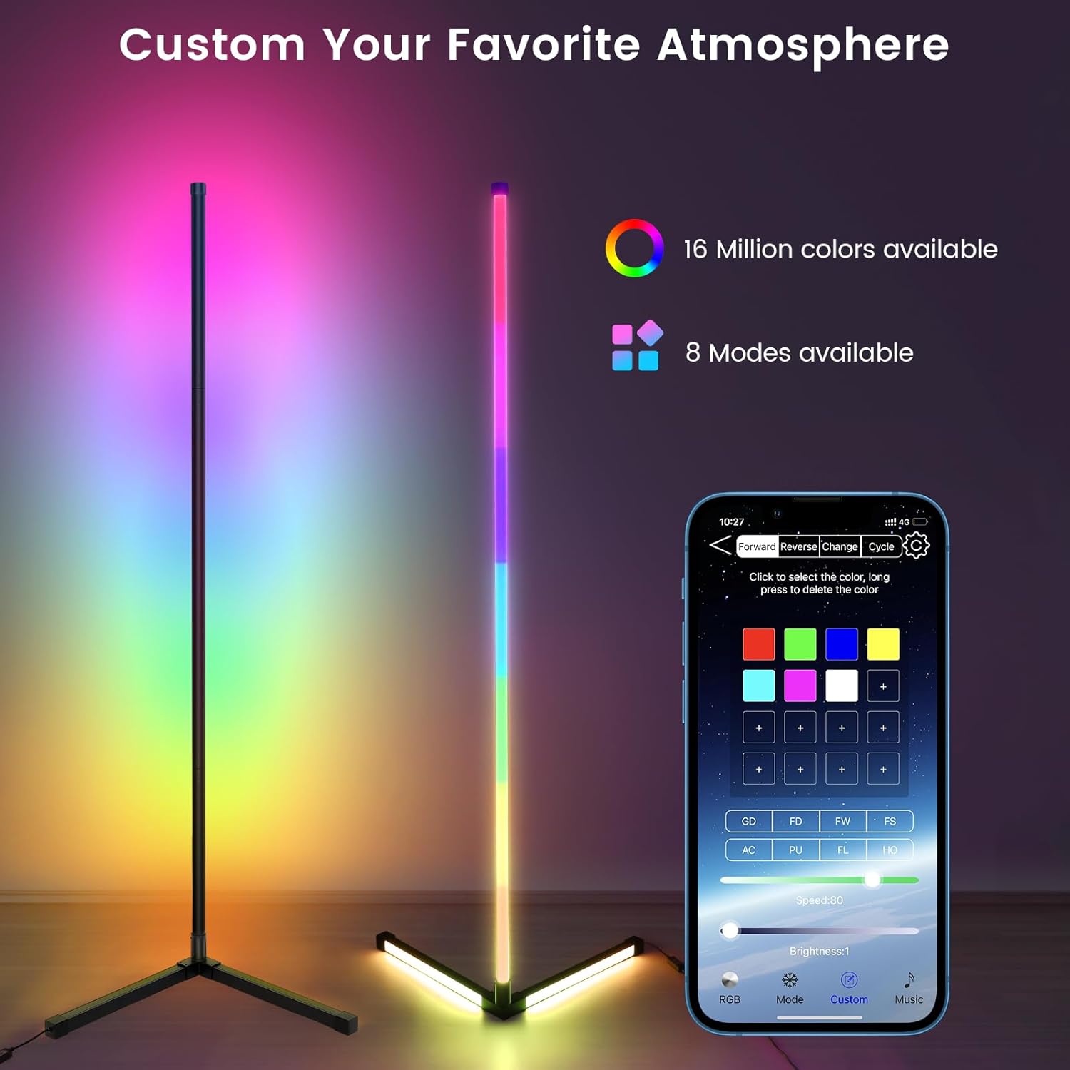 Smart RGB LED Floor Lamp, 62.2” Corner Light with APP & Remote Control, Music Sync & Timer, Modern Color-Changing LED Lamp for Home, Office, and Entertainment