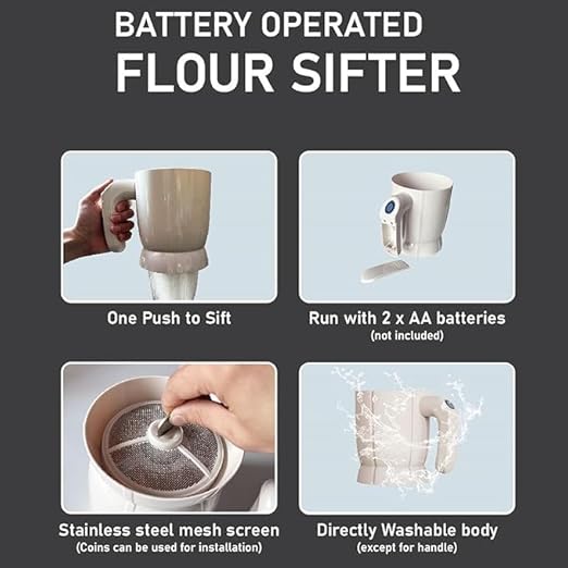 Electric Flour Sifter – Battery-Operated Steel Mesh Sieve for Easy Baking & Pastry Making