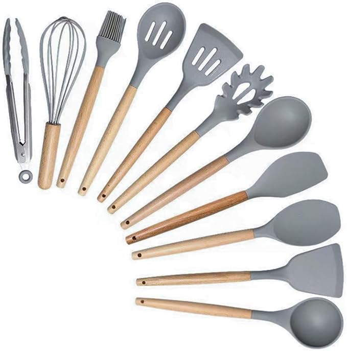 19-Piece Silicone Cooking Utensils & Knife Set | Grey Kitchen Tools with Knives, Cutting Board, & Storage Block