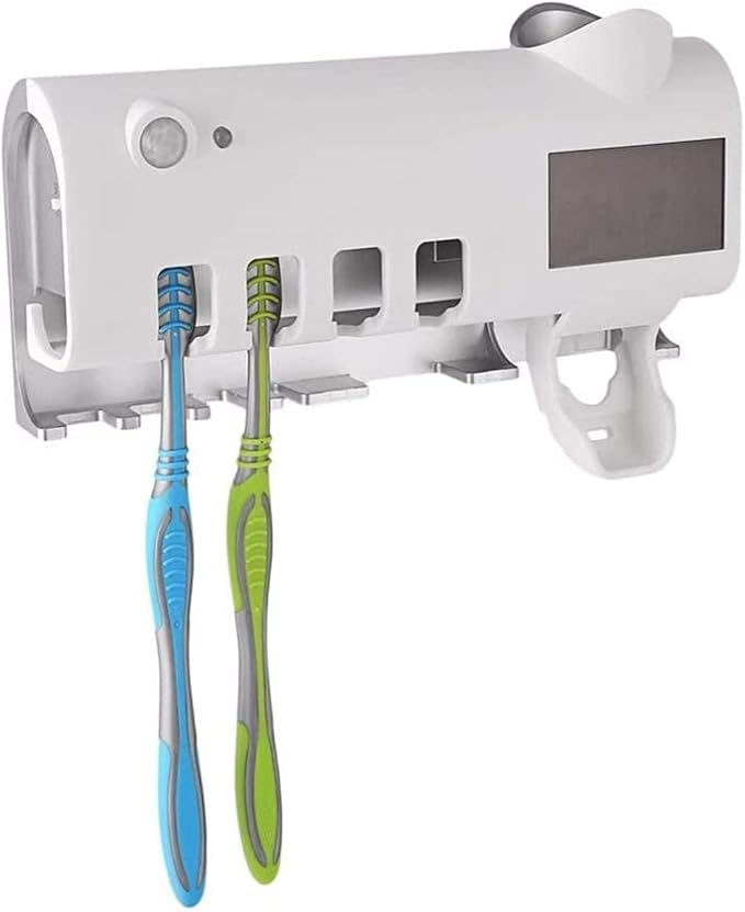 3-in-1 Intelligent Photosensitive Toothpaste Dispenser | Wall-Mounted USB Solar Rechargeable Toothbrush Holder (White)