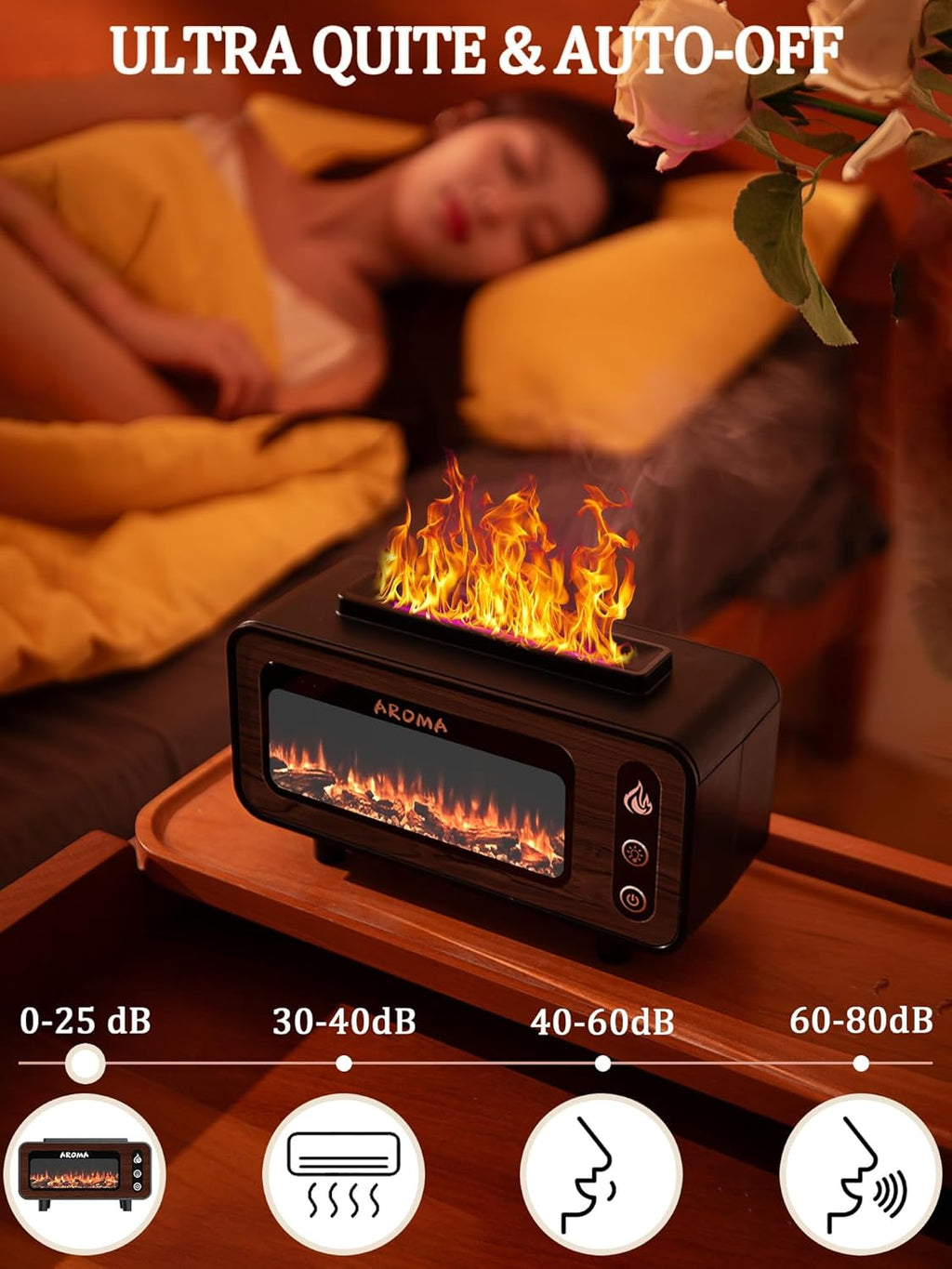 Wood Grain Fireplace Diffuser | Simulated Flame Aroma Diffuser with 7-Color LED | Silent Humidifier with Auto Shut-Off for Bedroom & Living Room