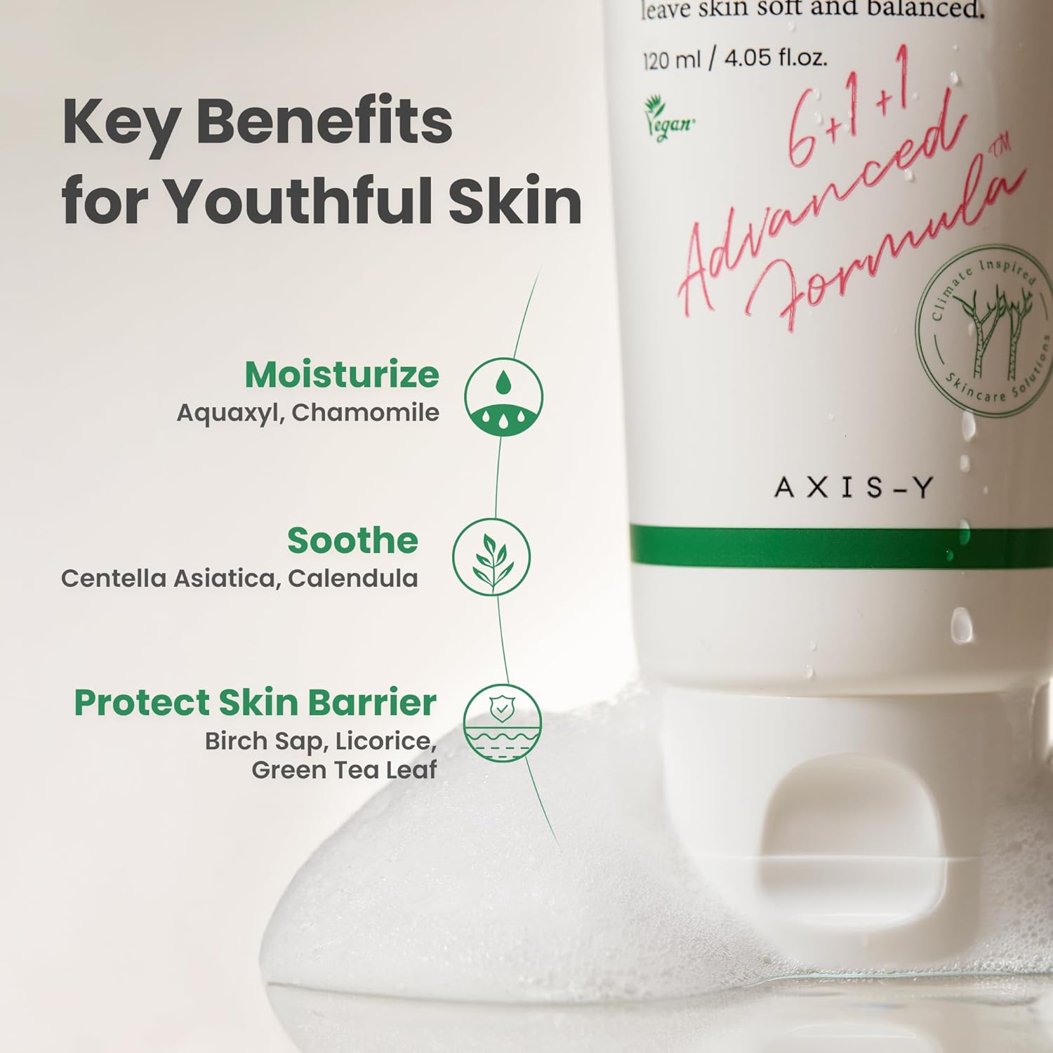 AXIS-Y Sunday Morning Refreshing Cleansing Foam. Gentle Korean face wash with natural surfactants for a soft cleanse. 120ml.