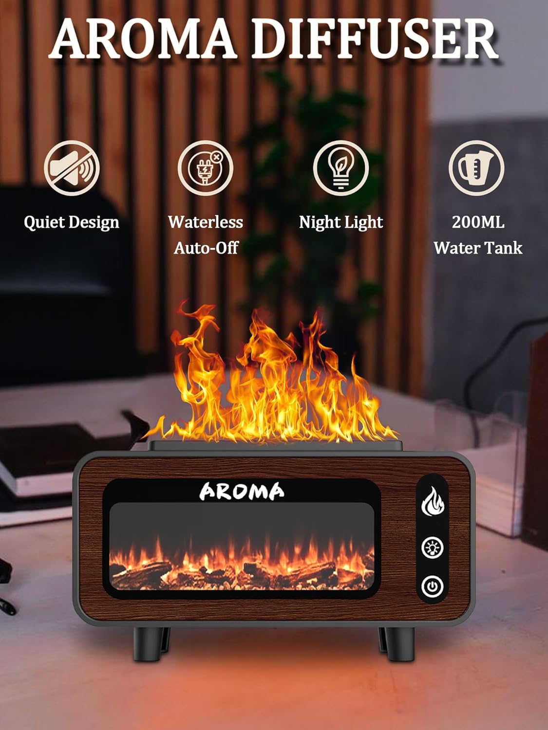 Wood Grain Fireplace Diffuser | Simulated Flame Aroma Diffuser with 7-Color LED | Silent Humidifier with Auto Shut-Off for Bedroom & Living Room