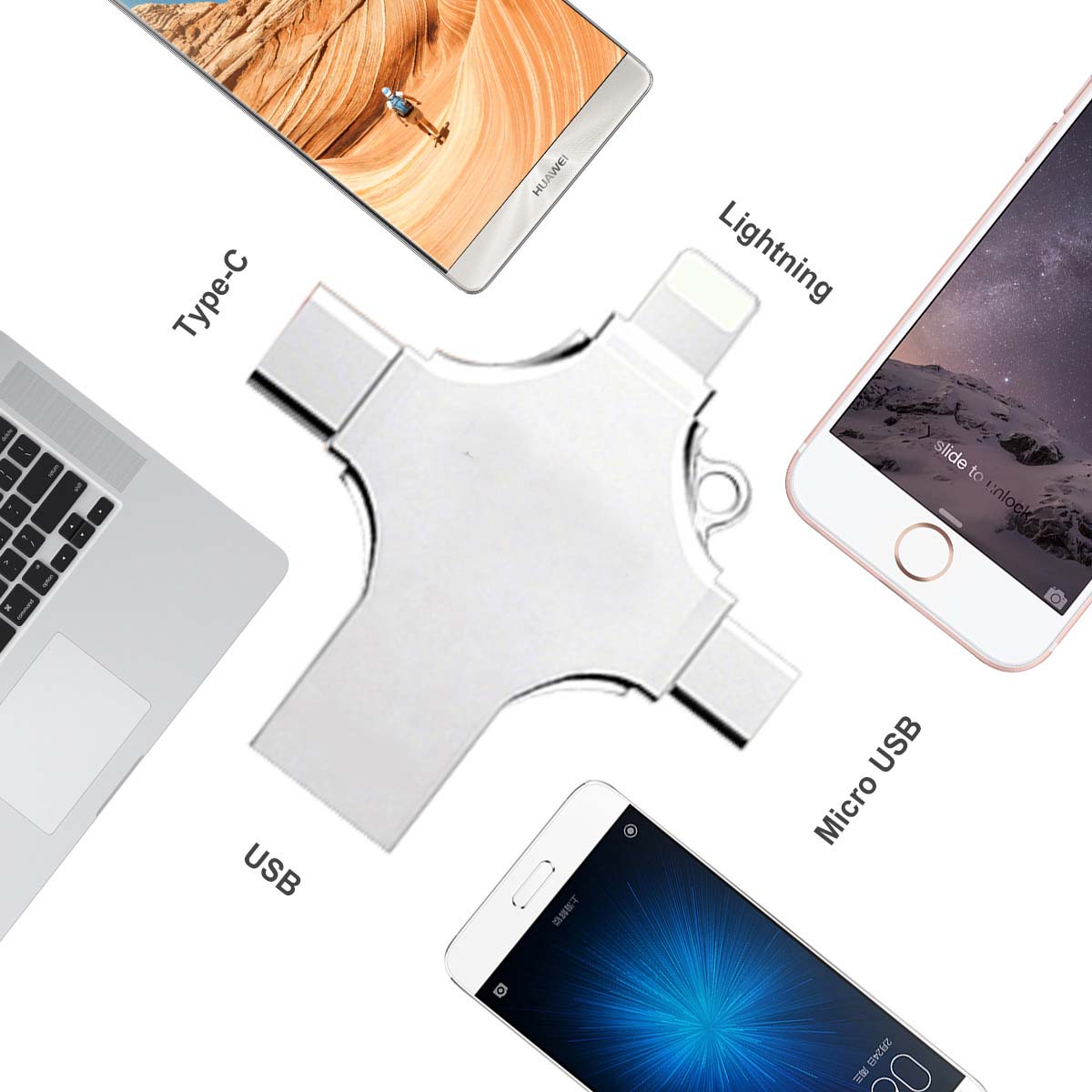 128GB 4-in-1 USB 3.0 Flash Drive | Fast USB A, USB C, Micro USB & iPhone Connector | Compatible with iPhone, Android, iPad, Mac, PC, Galaxy S, Windows