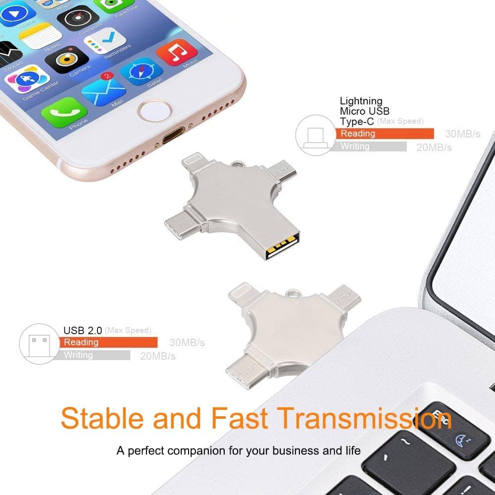 256GB 4-in-1 USB 3.0 Flash Drive | High-Speed USB A, USB C, Micro USB & iPhone Connector | Compatible with iPhone, Android, iPad, Mac, PC, Galaxy S, Windows