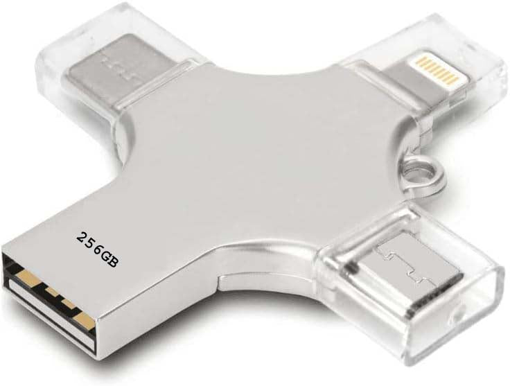 256GB 4-in-1 USB 3.0 Flash Drive | High-Speed USB A, USB C, Micro USB & iPhone Connector | Compatible with iPhone, Android, iPad, Mac, PC, Galaxy S, Windows