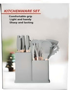 19-Piece Silicone Cooking Utensils & Knife Set | Grey Kitchen Tools with Knives, Cutting Board, & Storage Block