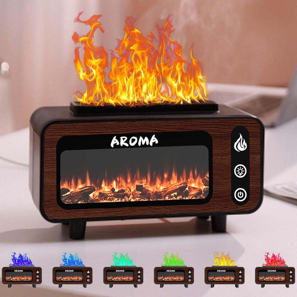 Wood Grain Fireplace Diffuser | Simulated Flame Aroma Diffuser with 7-Color LED | Silent Humidifier with Auto Shut-Off for Bedroom & Living Room