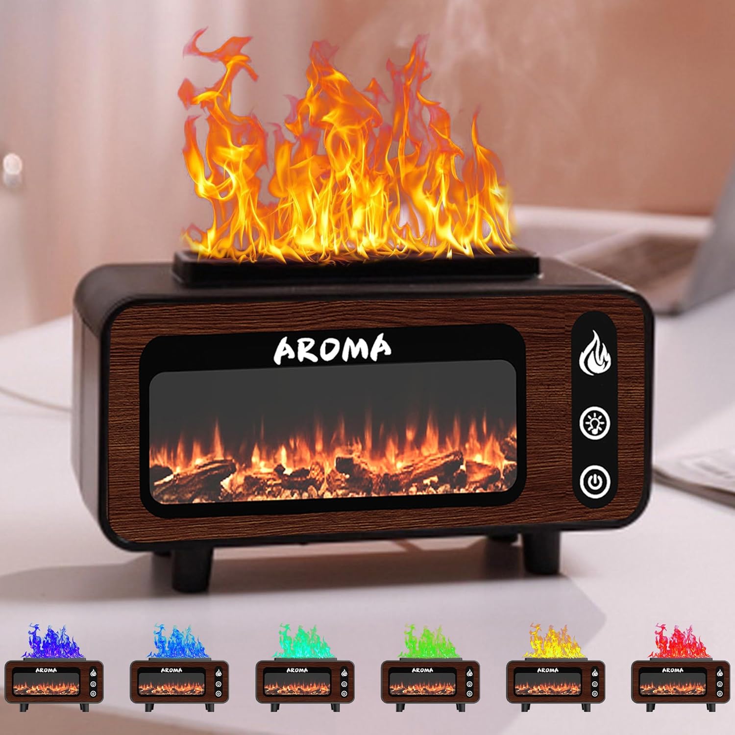 Wood Grain Fireplace Diffuser | Simulated Flame Aroma Diffuser with 7-Color LED | Silent Humidifier with Auto Shut-Off for Bedroom & Living Room