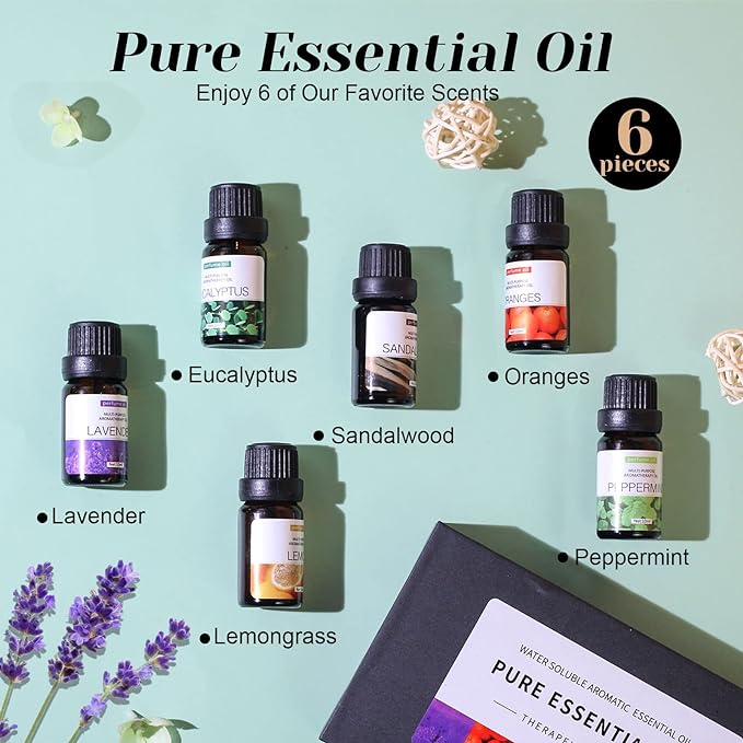 6-Pack Essential Oils Set | 10mL Water Soluble Aromatherapy Oils for Diffusers & Humidifiers | Includes Sandalwood, Sweet Orange, Lavender, Eucalyptus, Lemon & Mint