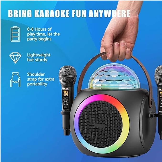 Karaoke Machine – Bluetooth Speaker, UHF Wireless Mics & Disco Ball Lights for Ultimate Party Fun