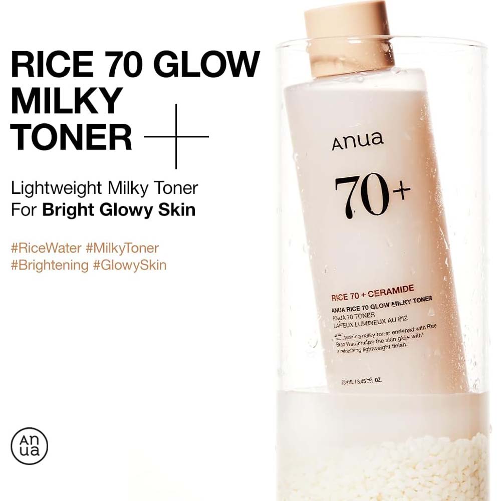 ANUA Rice 70 Glow Milky Toner. Nourishing rice water toner for glass skin. With Niacinamide & Ceramides. 250ml.