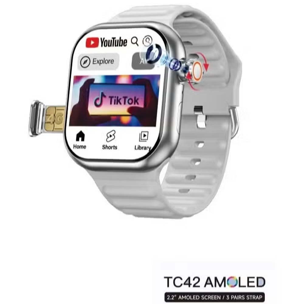 TC42 AMOLED 4G Smartwatch. 2.2" display, 8MP camera, SIM card slot. Unisex design with 3 straps in silver.