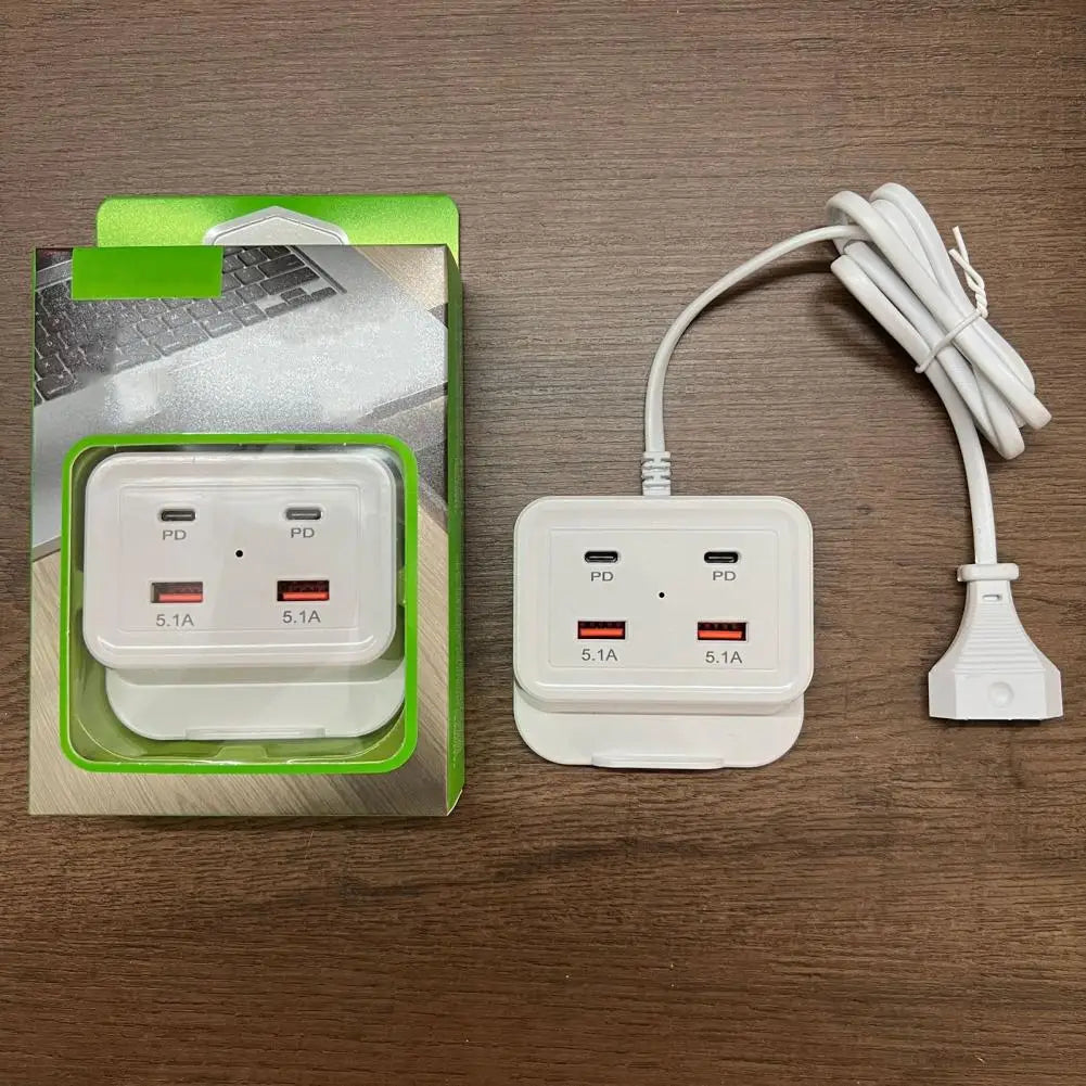 Intelligent USB Power Strip Plug with Dual PD & USB Ports | 5.1A Multi-Port Fast Charging Power Supply | US/EU Plug, 4 USB Output Ports for Safe Charging
