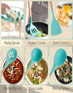 19-Piece Silicone Cooking Utensils & Knife Set | Includes Utensils, Knives, Scissors & Cutting Board with Block | Teal