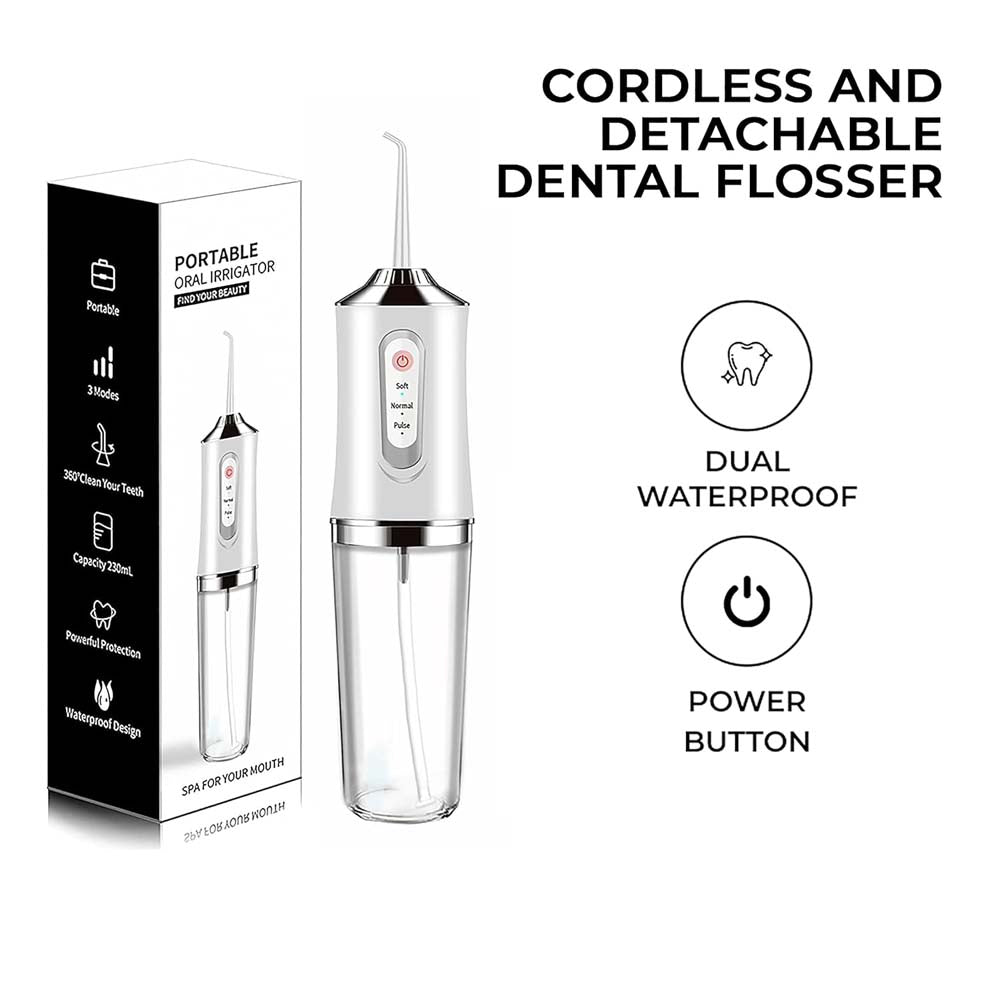 Cordless Electric Water Flosser 3-mode portable oral irrigator with 4 jet tips for teeth, braces & tonsil stones. Rechargeable.