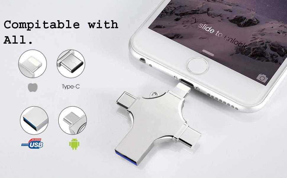 128GB 4-in-1 USB 3.0 Flash Drive | Fast USB A, USB C, Micro USB & iPhone Connector | Compatible with iPhone, Android, iPad, Mac, PC, Galaxy S, Windows