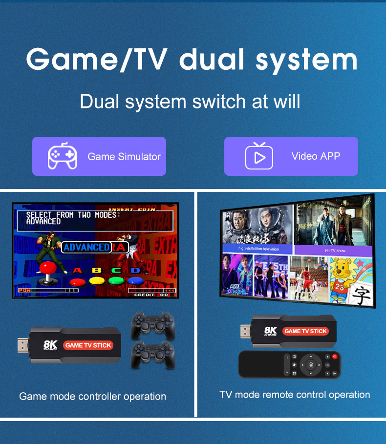 Q9 Video Game Stick | Android 5G 8K TV Box Dual System | 2.4G Dual Wireless Controllers | Gaming & Entertainment Hub