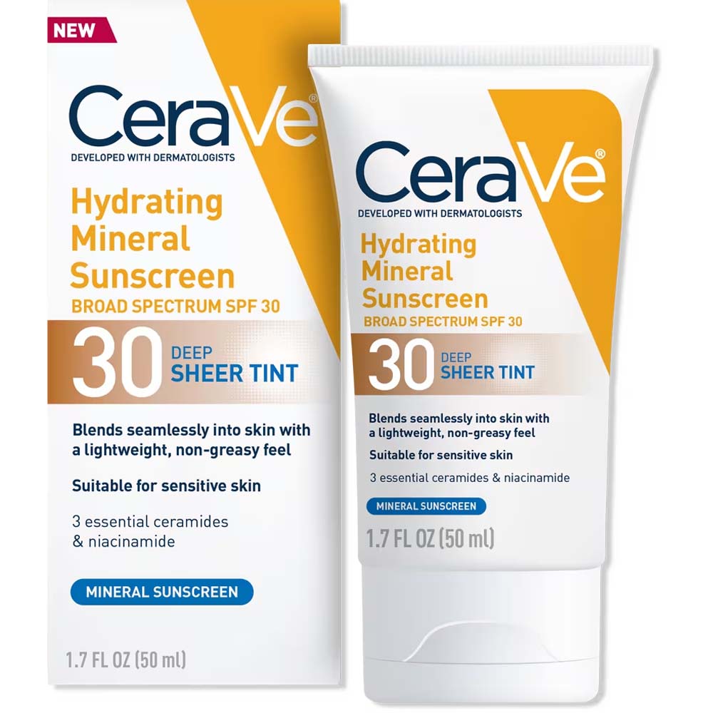 CeraVe Hydrating Mineral Sunscreen Face Lotion SPF 30 with Sheer Tint – 100% Mineral Filter, Broad Spectrum Protection & Healthy Glow Finish