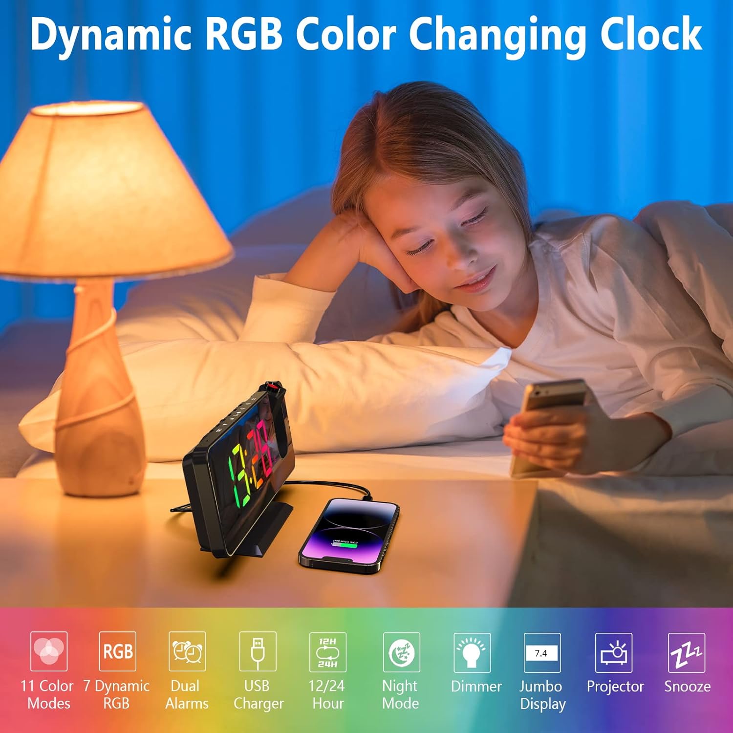 Projection Alarm Clock - 180° Rotatable Ceiling Projector, RGB LED Display, Dual Alarm & 5-Level Dimmer (Black)