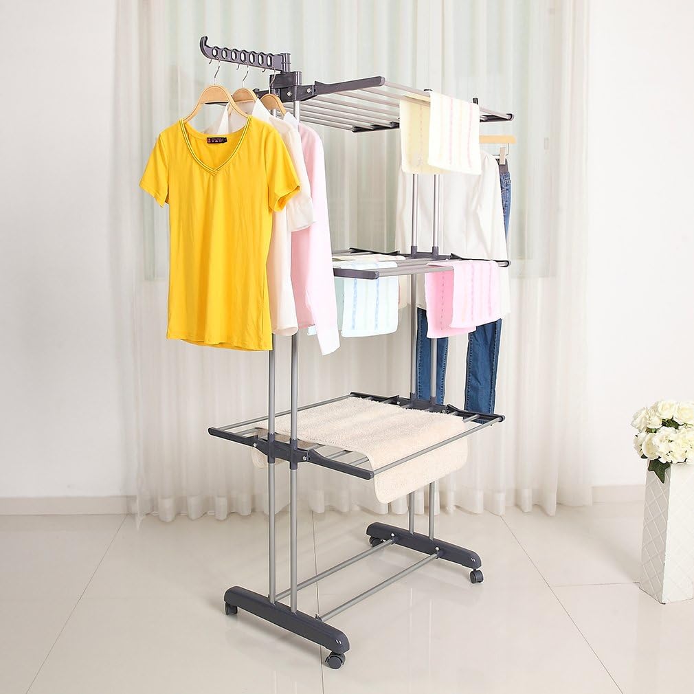 Foldable Rolling Laundry Drying Rack with Adjustable Shelves | Heavy-Duty Stainless Steel Rods | Compact Storage | Space-Saving Design for Apartments, Laundry Rooms & Small Spaces