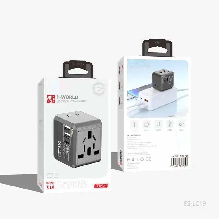 USB International Travel Adapter with Type-C to USB 3.1 Adapter | Universal Adapter with Dual USB Ports | Built-in Safety Features | Durable Travel Accessory for All Devices
