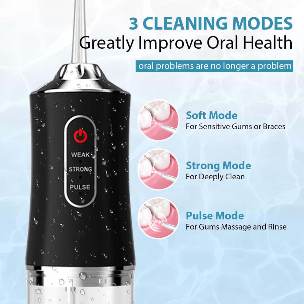 Cordless Electric Water Flosser 3-mode portable oral irrigator with 4 jet tips for teeth, braces & tonsil stones. Rechargeable.