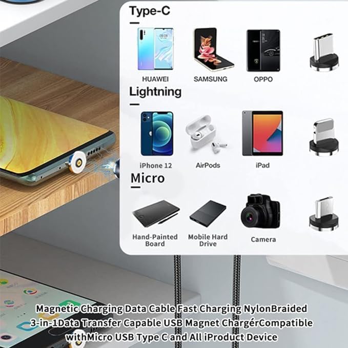 3-in-1 Magnetic Charging Cable | 3A Fast Charge | Micro USB, Type C & iProduct Compatible