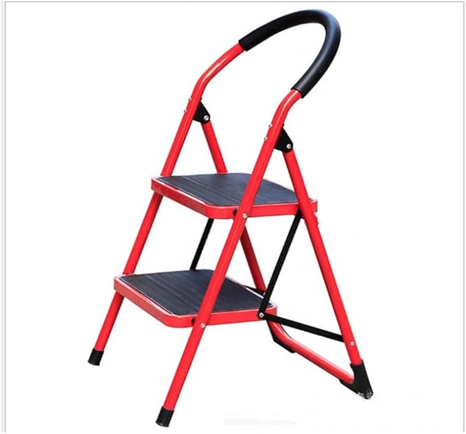 Compact 2-Step Mini Ladder | Folding Wrought Iron Red Stairs for Home Use