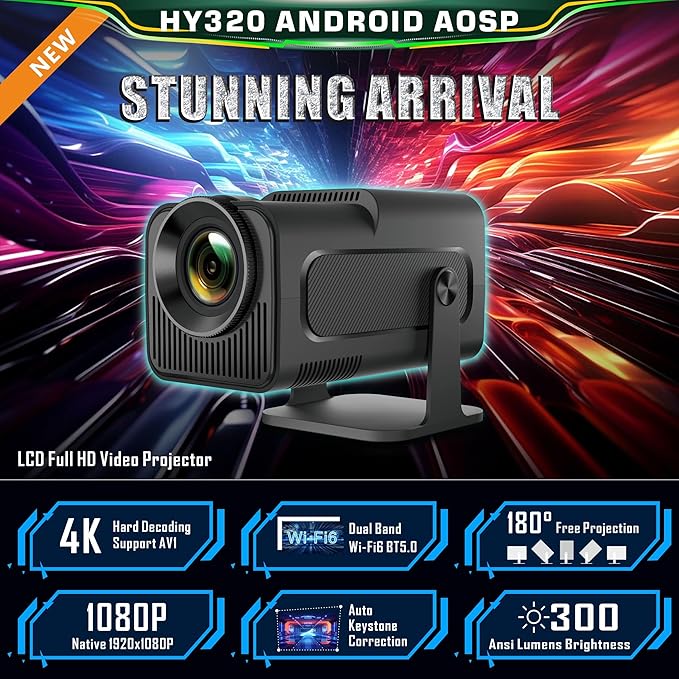 Android 11 HY320 Projector | 390 ANSI Lumens | 4K Native 1080p Dual WiFi6 & BT5.0 | Portable Outdoor Cinema | HY300 Upgrade