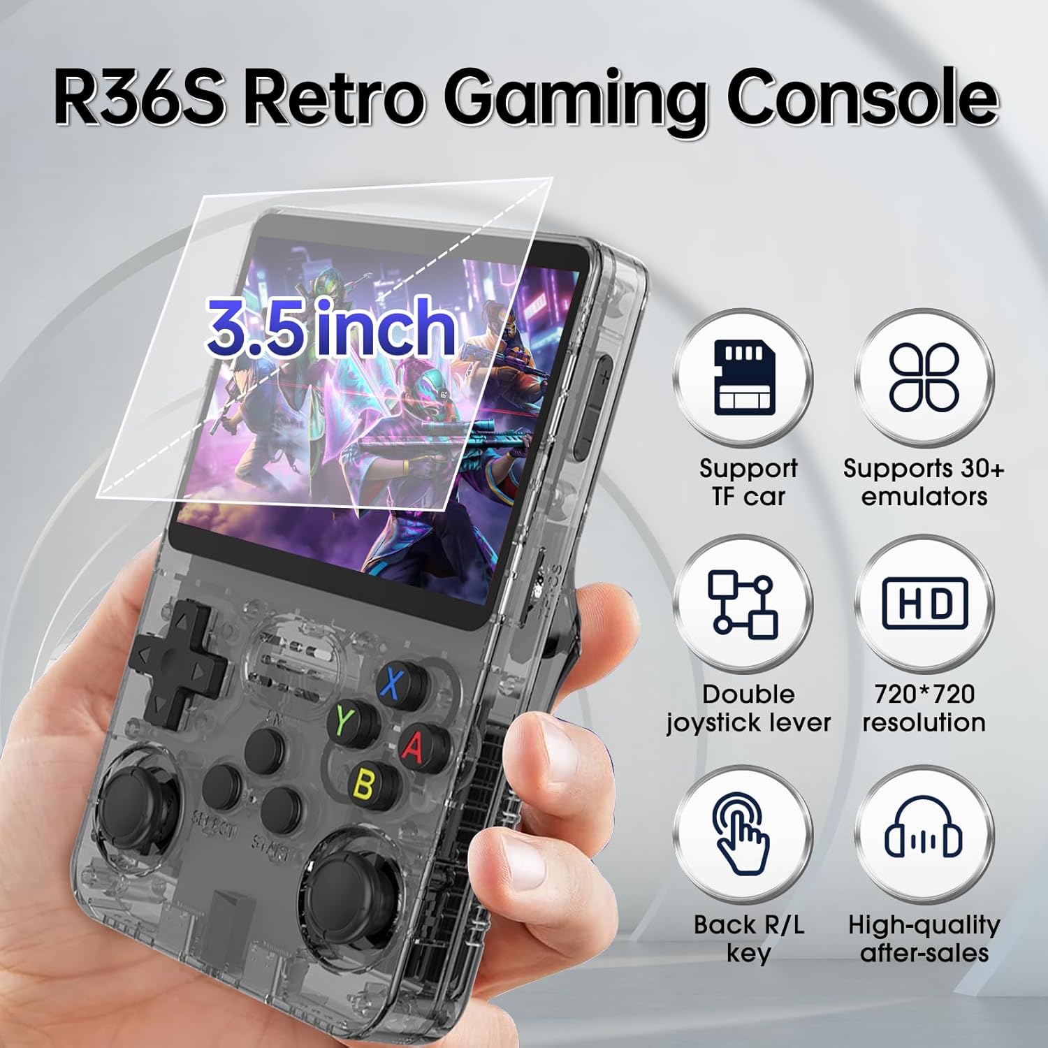 R36S Retro Handheld Game Console. 3.5" IPS, 128GB, 40,000+ classic games. Open-source ARKOS, 3500mAh battery for long play.