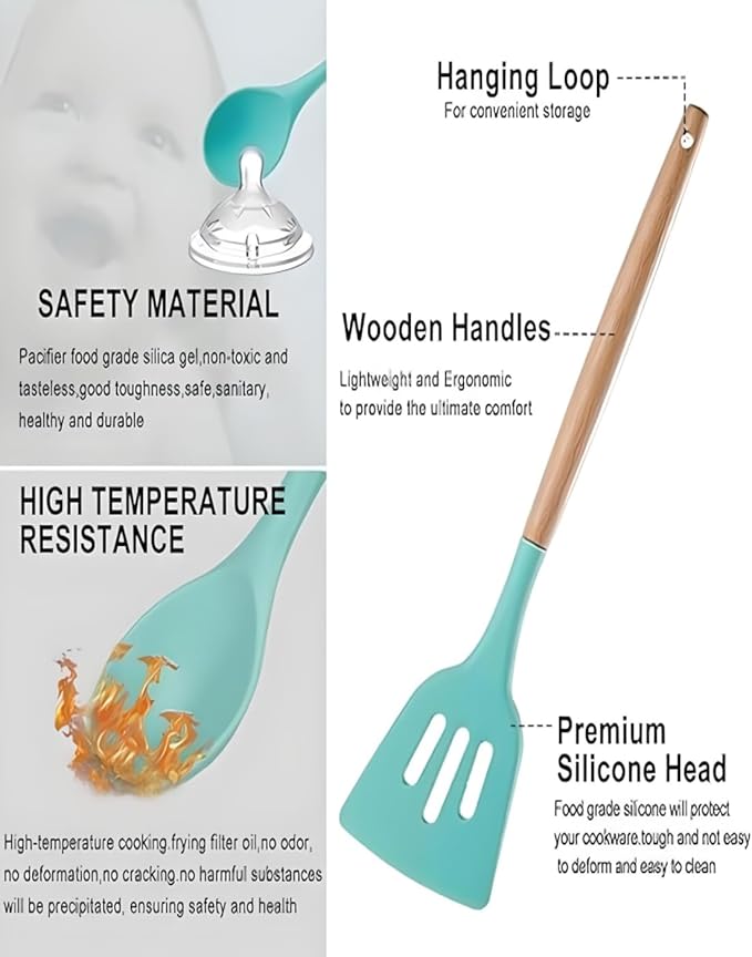 19-Piece Silicone Cooking Utensils & Knife Set | Includes Utensils, Knives, Scissors & Cutting Board with Block | Teal