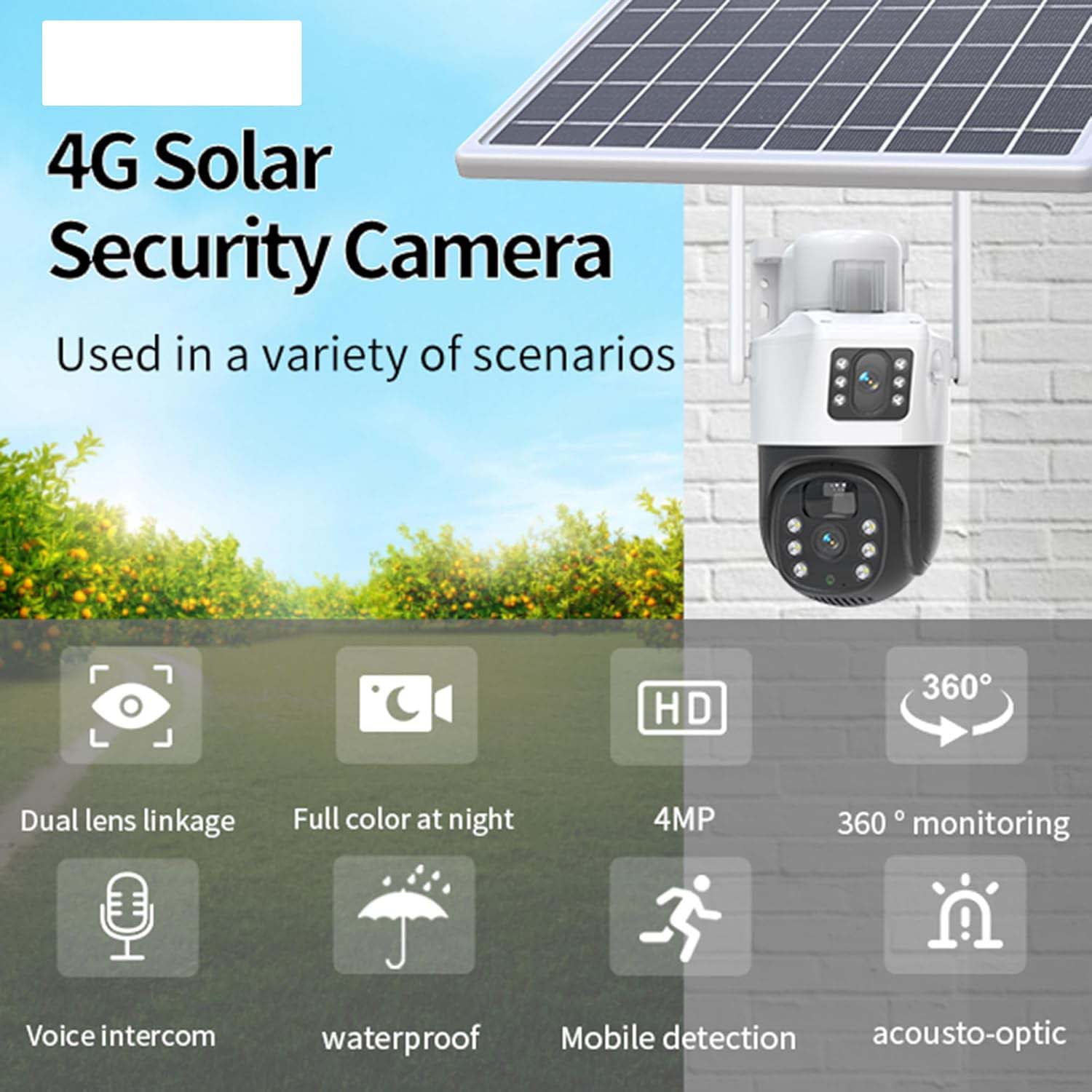 4G LTE Solar Battery Outdoor Camera | HD 4MP | Full-Color Night Vision | Motion Alerts | Sound/Light Warning | IP66 Waterproof | Cloud/TF Card Storage