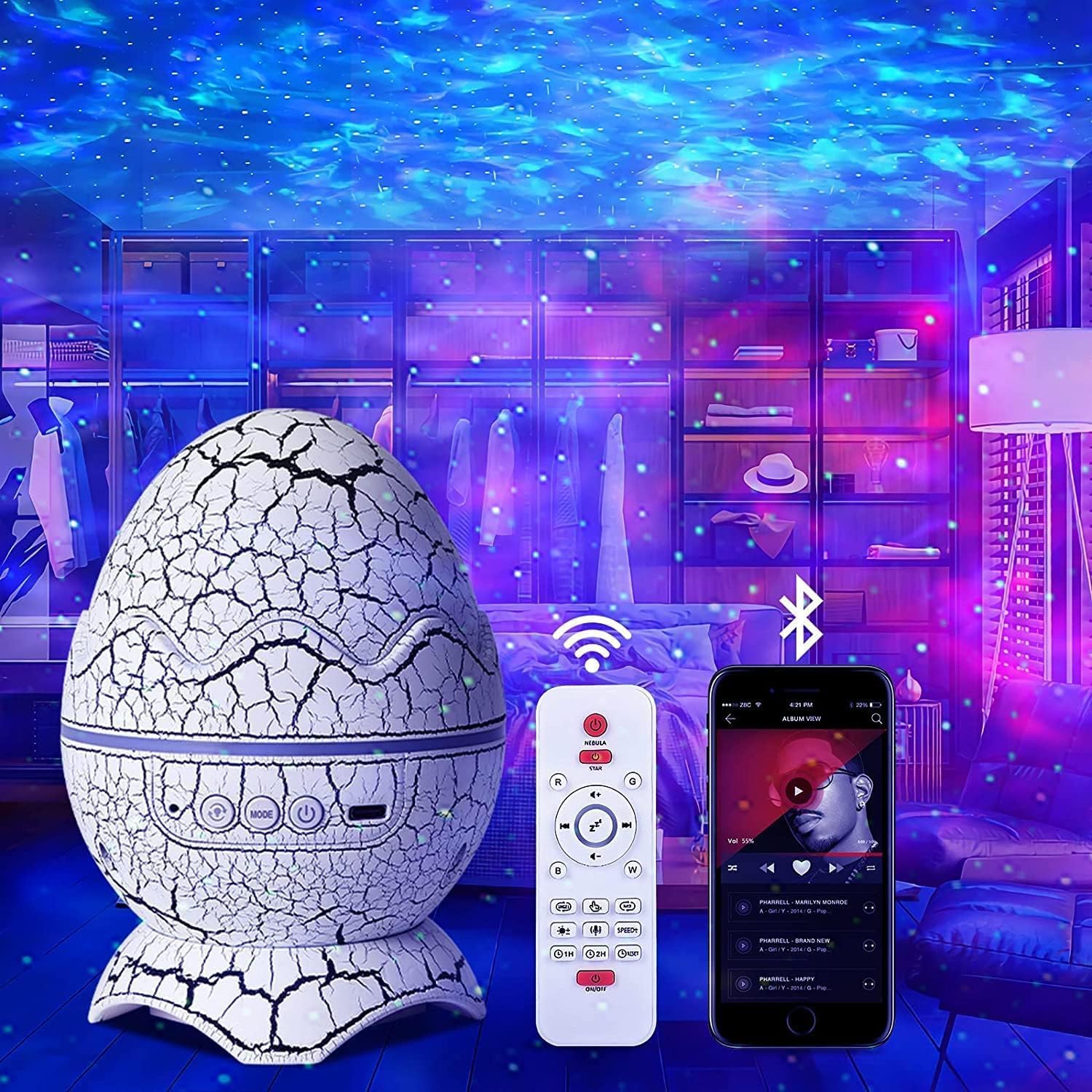 Galaxy Projector Dinosaur Egg – Sky Night Light with Bluetooth Music and Laser Starry Lamp for Room and Party Decor