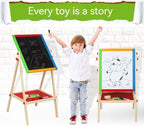 Kids Writing Board – Double-Sided Wooden Easel with Whiteboard, Chalkboard & Adjustable Height for Learning and Play
