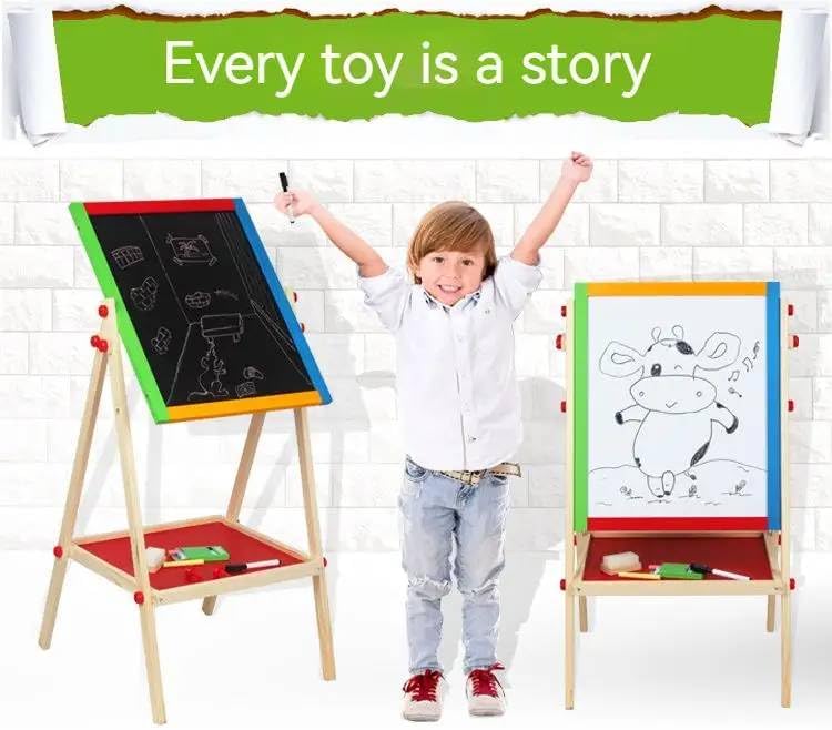 Kids Writing Board – Double-Sided Wooden Easel with Whiteboard, Chalkboard & Adjustable Height for Learning and Play