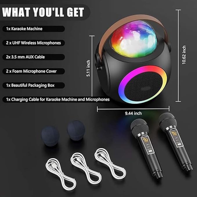 Karaoke Machine – Bluetooth Speaker, UHF Wireless Mics & Disco Ball Lights for Ultimate Party Fun
