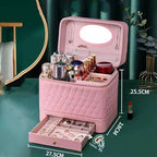 Leather Triple Makeup Case – Luxurious Multi-Layer Cosmetics Storage with Drawer, Portable Beauty Organizer for Travel and Home Use