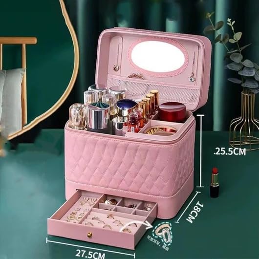 Leather Triple Makeup Case – Luxurious Multi-Layer Cosmetics Storage with Drawer, Portable Beauty Organizer for Travel and Home Use