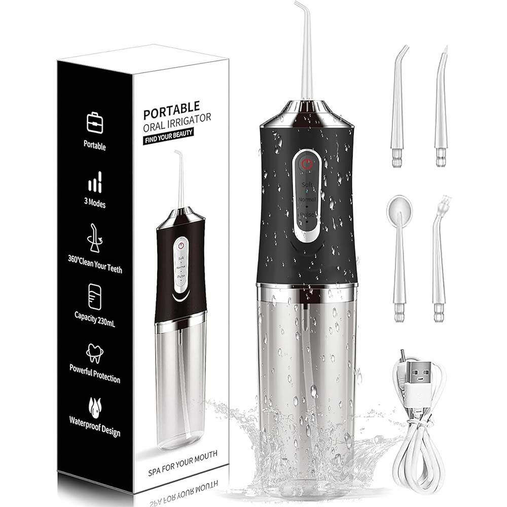 Cordless Electric Water Flosser 3-mode portable oral irrigator with 4 jet tips for teeth, braces & tonsil stones. Rechargeable.