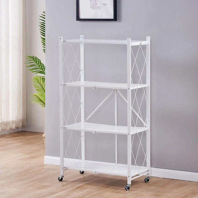 4-Layer White Folding Kitchen Storage Rack – No-Installation, Thickened & Mobile for Easy Organization